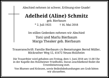 Traueranzeige von Adelheid Schmitz von Rheinische Post