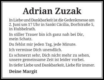 Traueranzeige von Adrian Zuzak von Rheinische Post