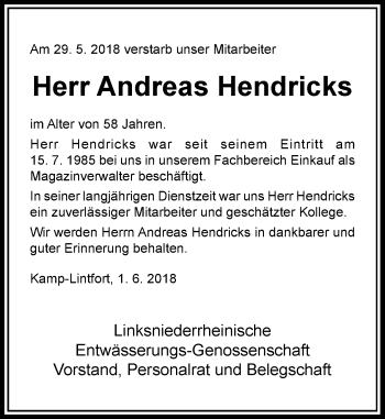 Traueranzeige von Andreas Hendricks von Rheinische Post