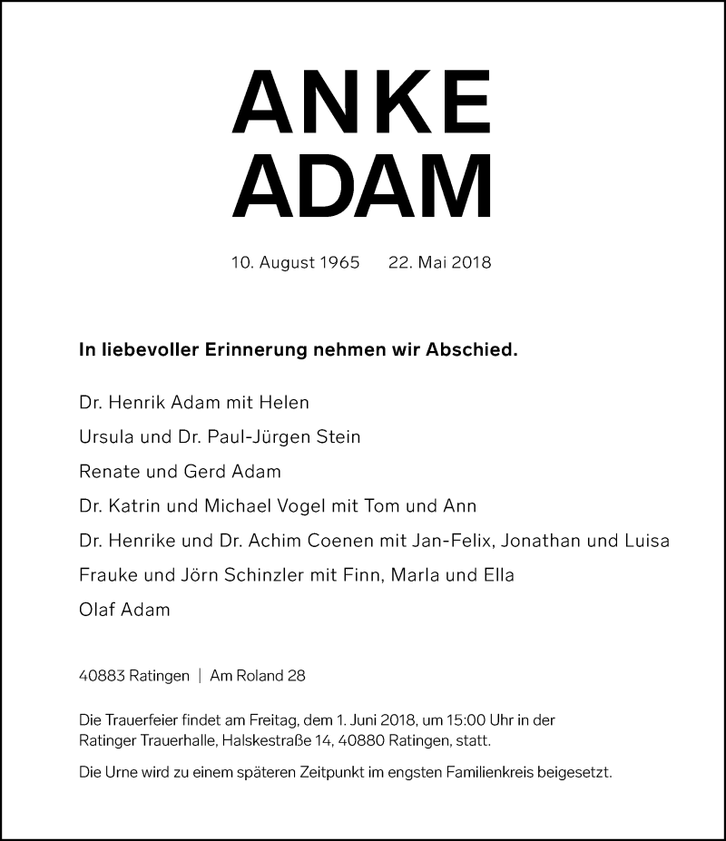 Traueranzeige für Anke Adam vom 26.05.2018 aus Rheinische Post