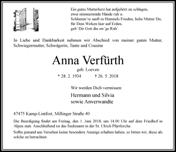 Traueranzeige von Anna Verftürth von Rheinische Post