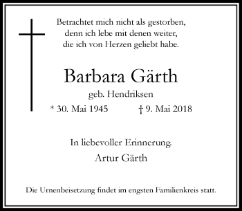 Traueranzeige von Barbara Gärth von Rheinische Post