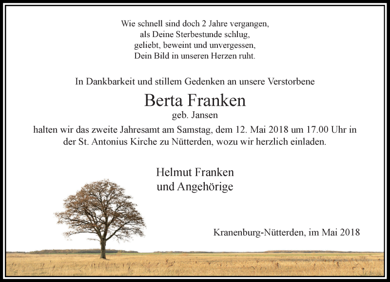  Traueranzeige für Berta Franken vom 07.05.2018 aus Rheinische Post
