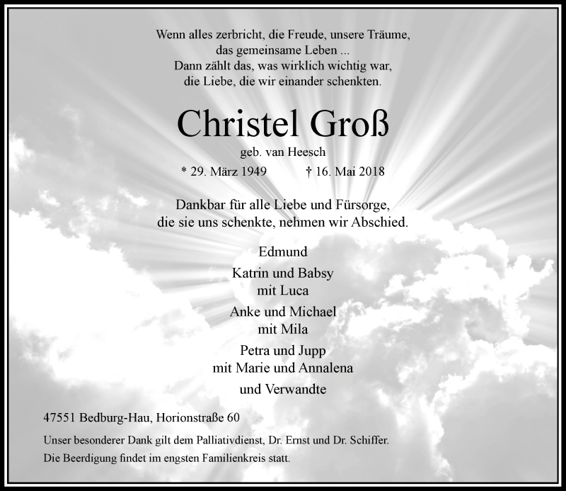  Traueranzeige für Christel Groß vom 19.05.2018 aus Rheinische Post