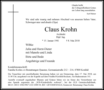 Traueranzeige von Claus Krohn von Rheinische Post