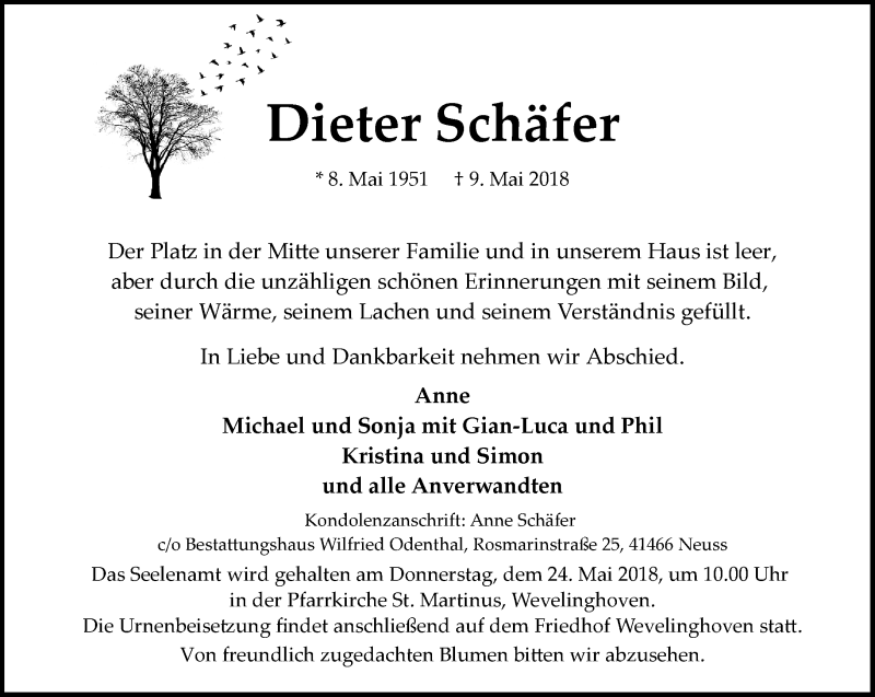  Traueranzeige für Dieter Schäfer vom 19.05.2018 aus Rheinische Post