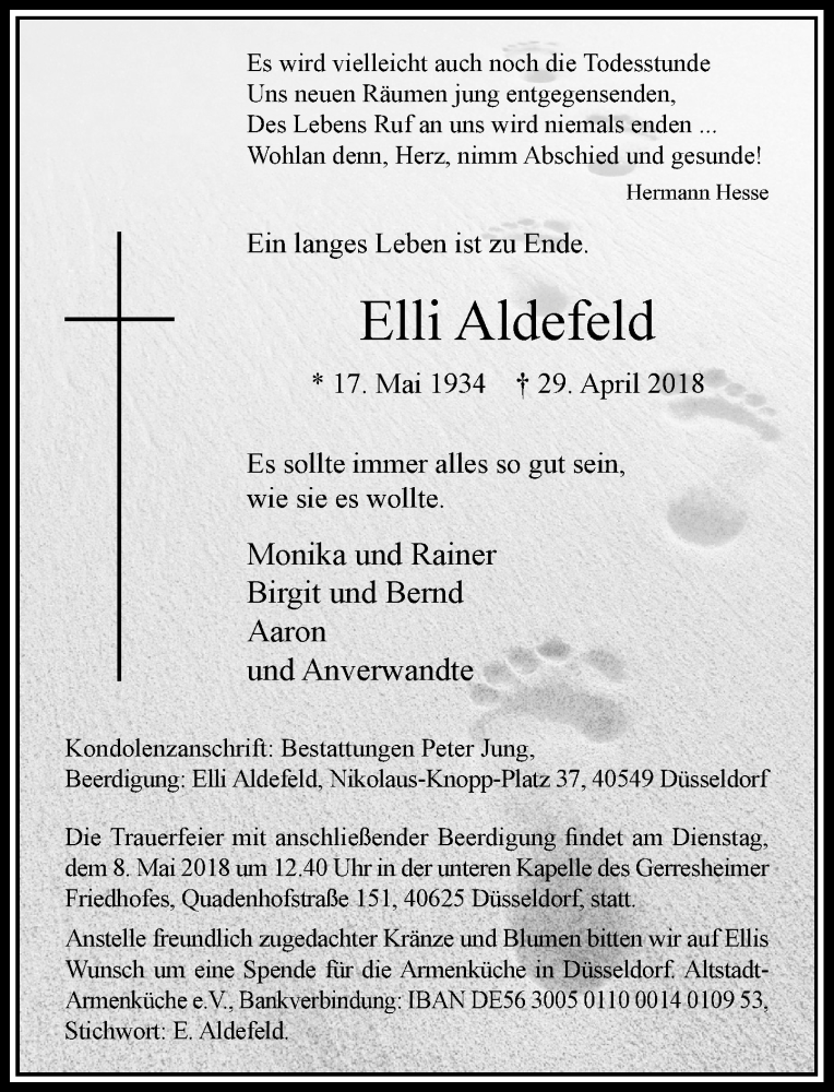  Traueranzeige für Elli Aldefeld vom 05.05.2018 aus Rheinische Post