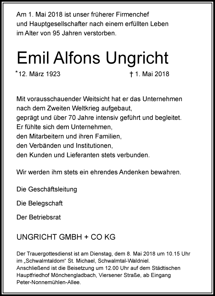  Traueranzeige für Emil Alfons Ungricht vom 05.05.2018 aus Rheinische Post
