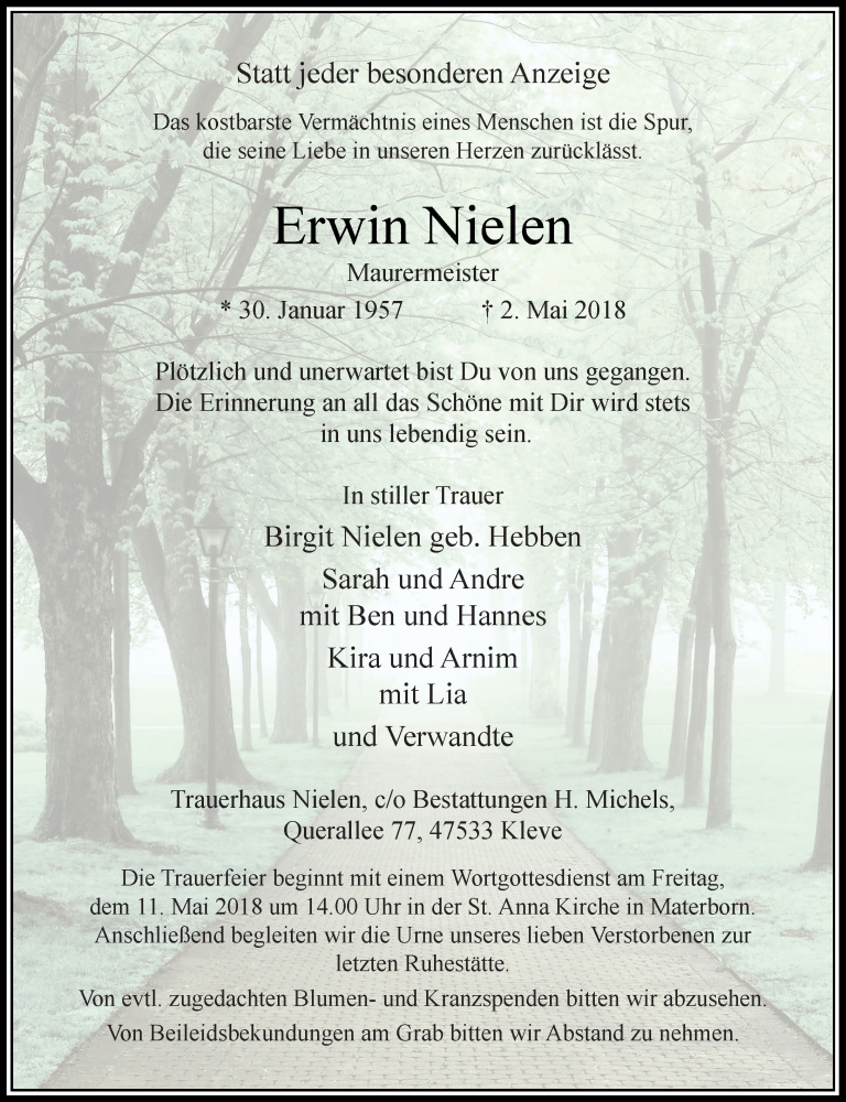  Traueranzeige für Erwin Nielen vom 05.05.2018 aus Rheinische Post