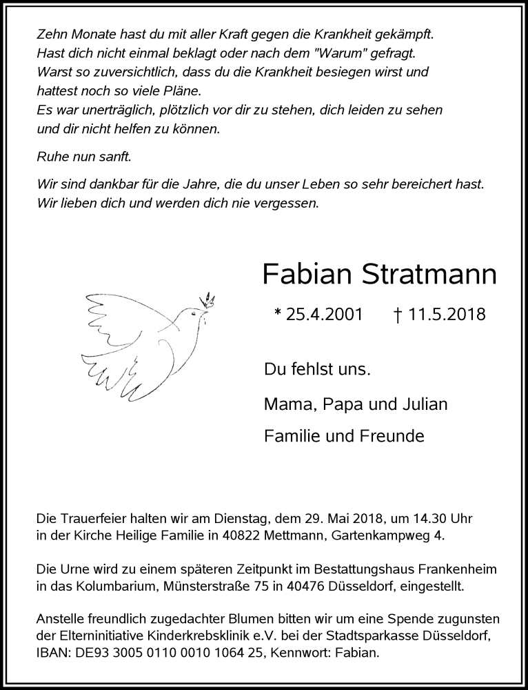  Traueranzeige für Fabian Stratmann vom 19.05.2018 aus Rheinische Post