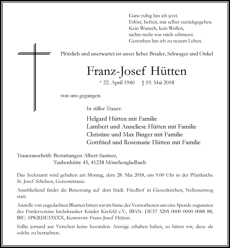  Traueranzeige für Franz-Josef Hütten vom 26.05.2018 aus Rheinische Post