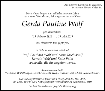 Traueranzeige von Gerda Pauline Wolf von Rheinische Post