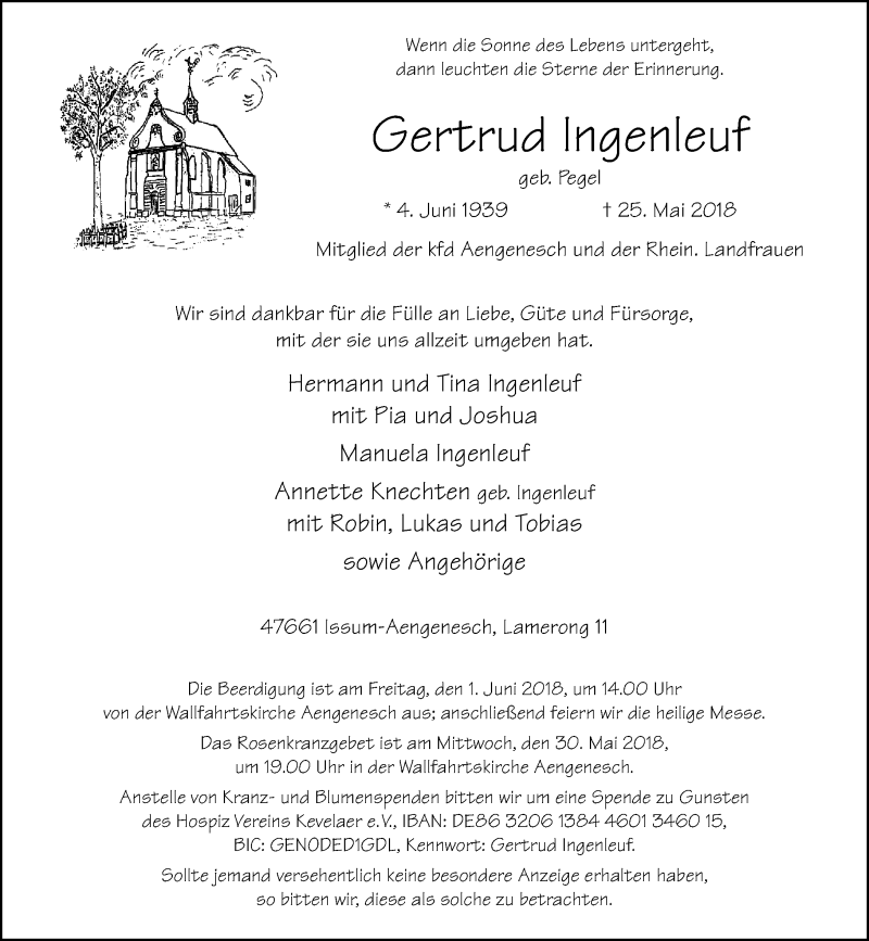  Traueranzeige für Gertrud Ingenleuf vom 28.05.2018 aus Rheinische Post