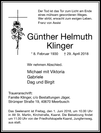 Traueranzeige von Günther Helmuth Klinger von Rheinische Post