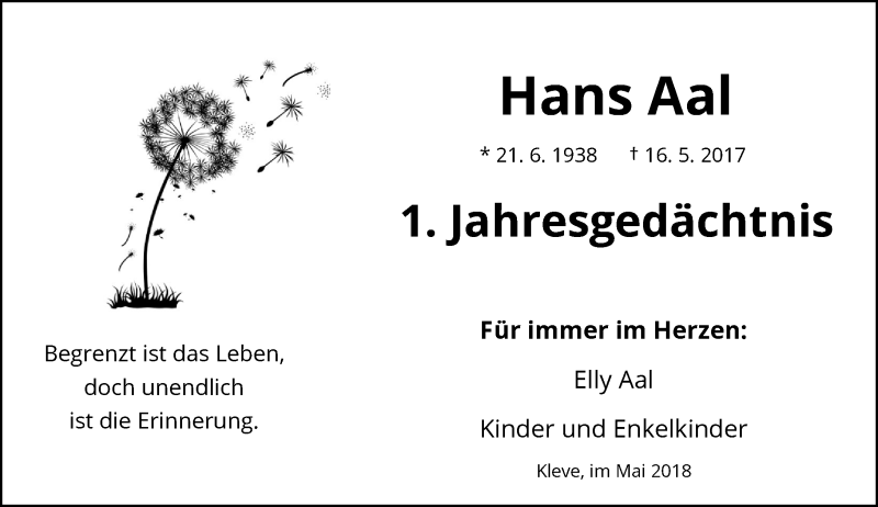  Traueranzeige für Hans Aal vom 16.05.2018 aus Rheinische Post