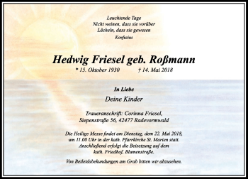 Traueranzeige von Hedwig Friesel von Rheinische Post