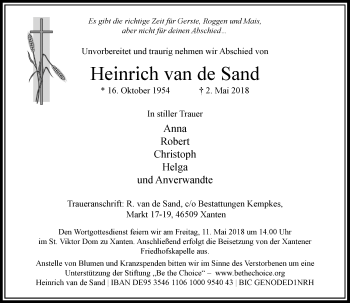 Traueranzeige von Heinrich van de Sand von Rheinische Post