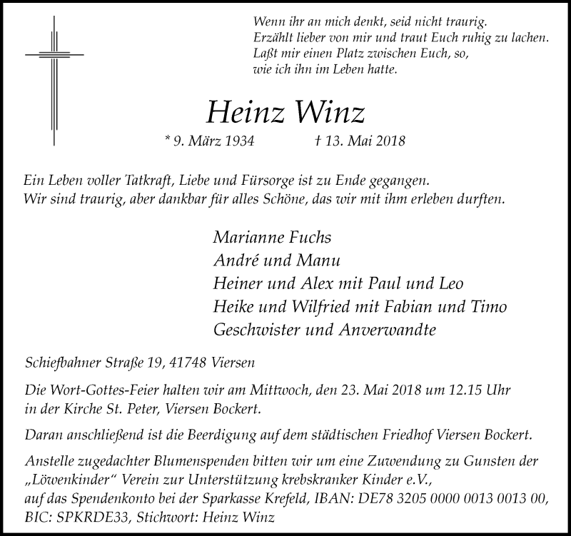  Traueranzeige für Heinz Winz vom 19.05.2018 aus Rheinische Post