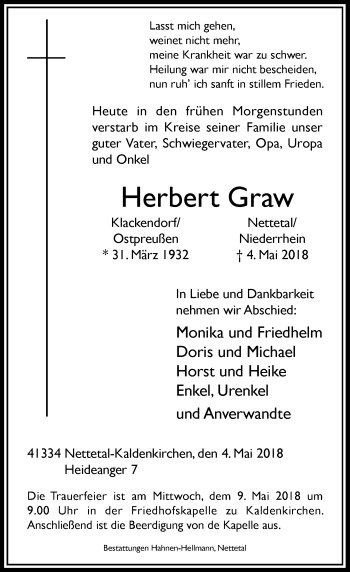 Traueranzeige von Herbert Graw von Rheinische Post