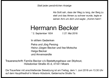 Traueranzeige von Hermann Becker von Rheinische Post