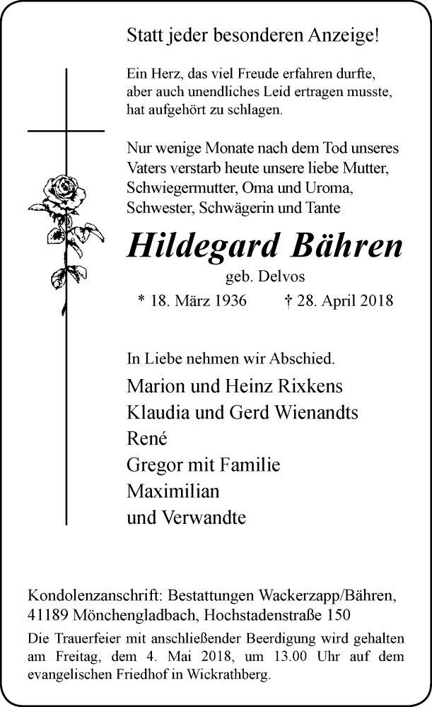  Traueranzeige für Hildegard Bähren vom 01.05.2018 aus Rheinische Post