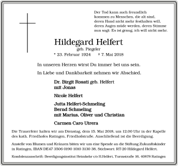 Traueranzeige von Hildegard Helfert von Rheinische Post