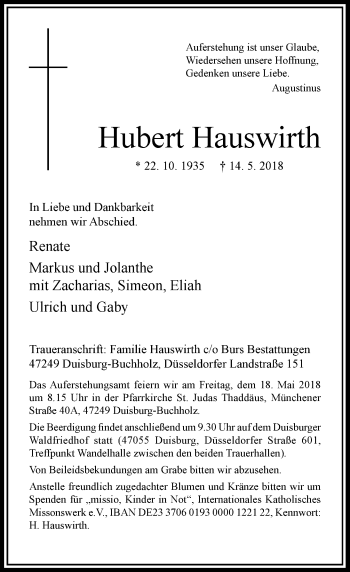 Traueranzeige von Hubert Hauswirth von Rheinische Post