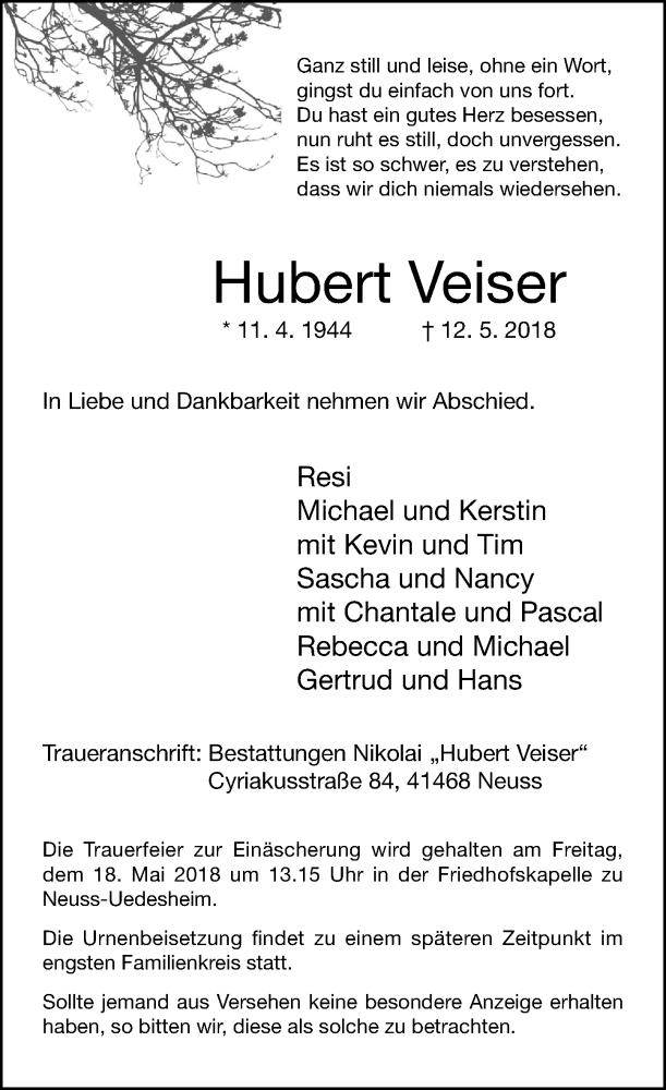  Traueranzeige für Hubert Veiser vom 16.05.2018 aus Rheinische Post