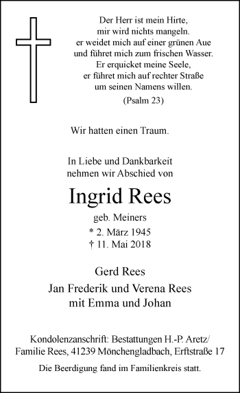 Alle Traueranzeigen für Ingrid Rees | trauer.rp-online.de