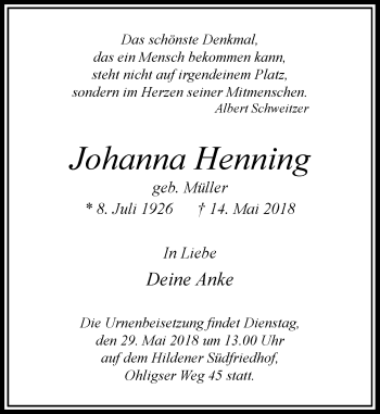 Traueranzeige von Johanna Henning von Rheinische Post