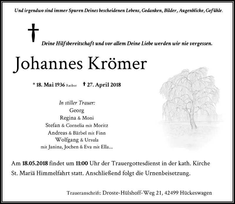  Traueranzeige für Johannes Krömer vom 05.05.2018 aus Rheinische Post