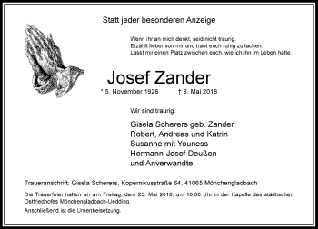 Traueranzeige von Josef Zander von Rheinische Post