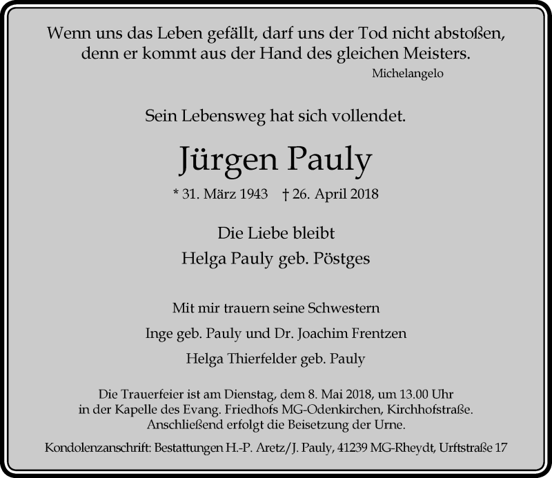  Traueranzeige für Jürgen Pauly vom 01.05.2018 aus Rheinische Post