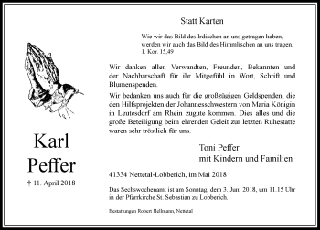 Traueranzeige von Karl Peffer von Rheinische Post