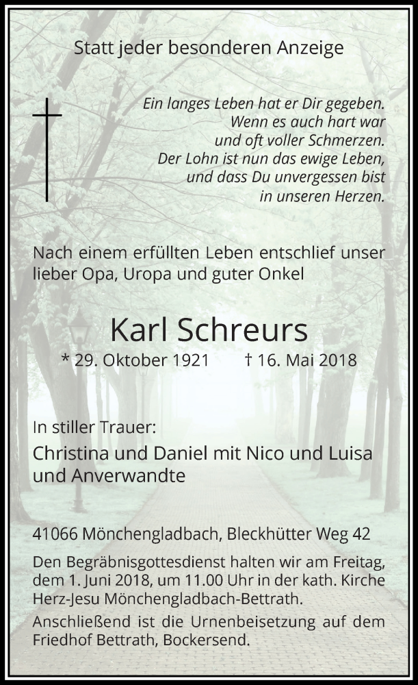  Traueranzeige für Karl Schreurs vom 29.05.2018 aus Rheinische Post