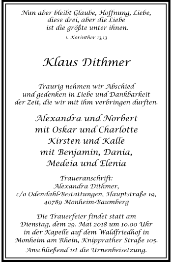 Traueranzeige von Klaus Dithmer von Rheinische Post