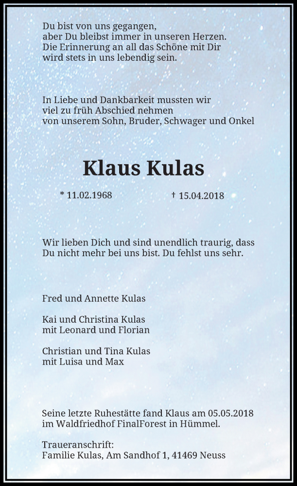  Traueranzeige für Klaus Kulas vom 09.05.2018 aus Rheinische Post