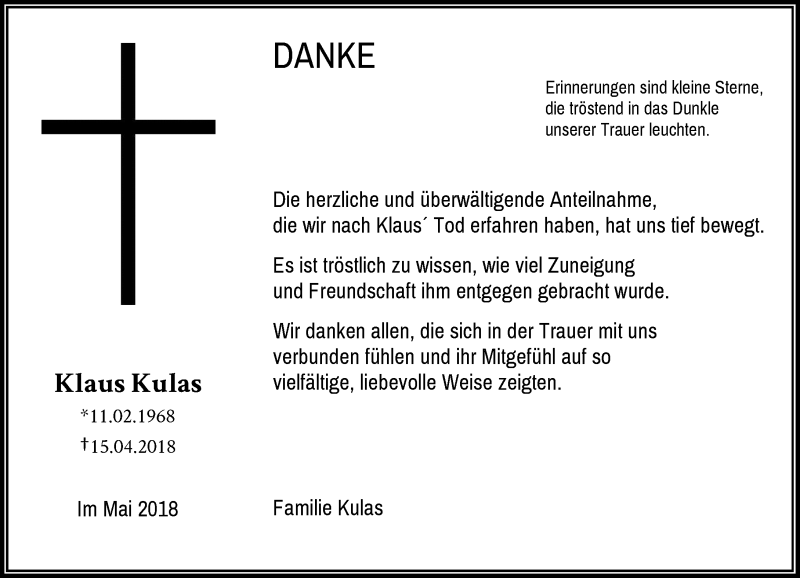  Traueranzeige für Klaus Kulas vom 30.05.2018 aus Rheinische Post