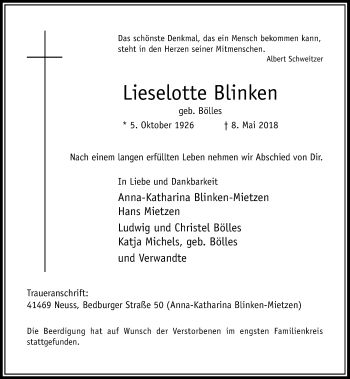 Traueranzeige von Lieselotte Blinken von Rheinische Post