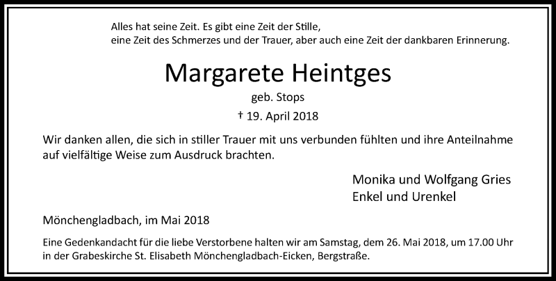  Traueranzeige für Margarete Heintges vom 19.05.2018 aus Rheinische Post