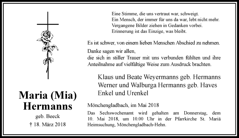  Traueranzeige für Maria Hermanns vom 07.05.2018 aus Rheinische Post