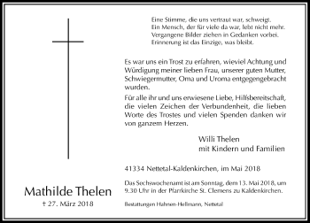 Traueranzeige von Mathilde Thelen von Rheinische Post