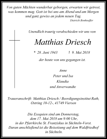 Traueranzeige von Matthias Driesch von Rheinische Post