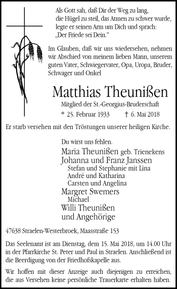 Traueranzeige von Matthias Theunißen von Rheinische Post