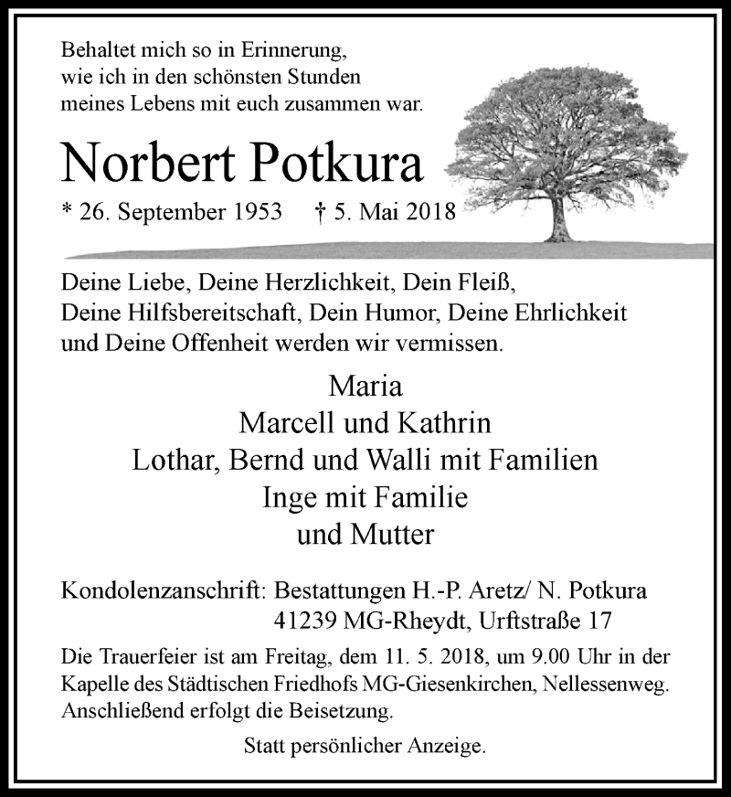  Traueranzeige für Norbert Potkura vom 08.05.2018 aus Rheinische Post