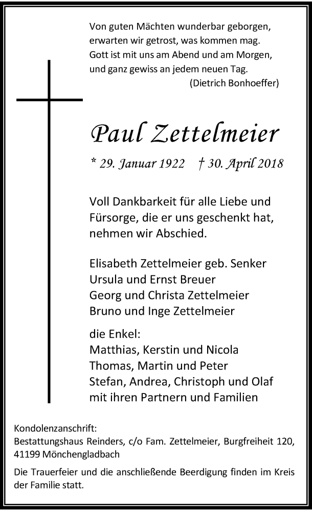 Traueranzeige für Paul Zettelmeier vom 05.05.2018 aus Rheinische Post