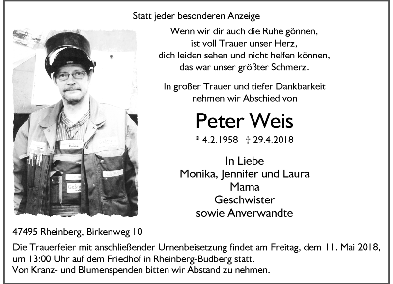  Traueranzeige für Peter Weis vom 05.05.2018 aus Rheinische Post