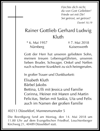 Traueranzeige von Rainer Gottlieb Gerhard Ludwig Kluth von Rheinische Post
