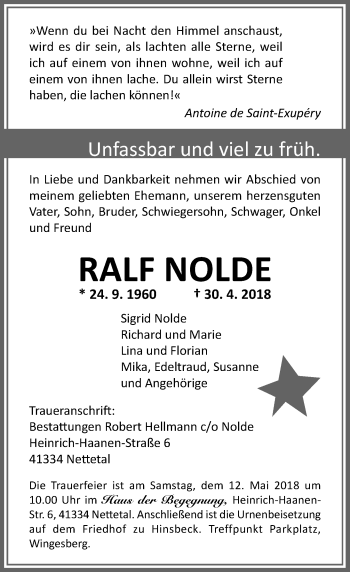 Traueranzeige von Ralf Nolde von Rheinische Post