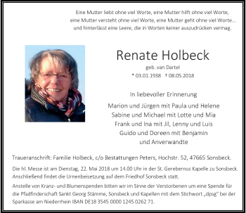 Traueranzeige von Renate Holbeck von Rheinische Post